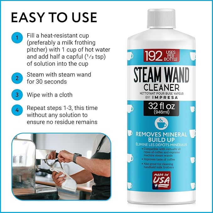 IMPRESA 32 oz Steam Wand Cleaner, Removes Mineral Buildup and Milk Protein Residue in Steam Wands, Milk Frothers, and Stainless-Steel Pitchers, Up to 192 Uses, Barista Cleaning Tool