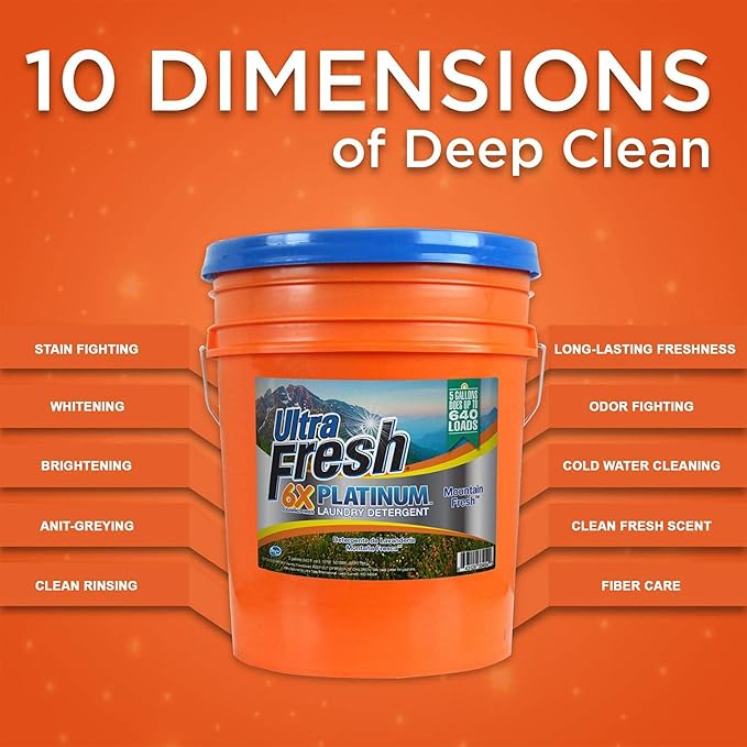 Ultra Fresh 6X Platinum 5 Gallon Laundry Detergent Liquid for All Machine Types with Easy Dispensing Pump, Up to 640 Loads, Mountain Fresh (6 Pack)
