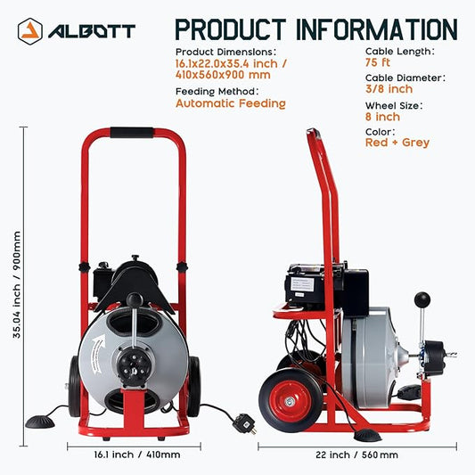 Albott 75 FT x 3/8 inch Electric Drain Cleaner Machine with Auto-Feed & 10 Cutters, Sewer Snake Auger for 1–4 Inch Pipes, Foot Switch & Wheels, Ideal for Commercial & Home Use, Gray/Red