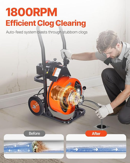 VEVOR Drain Cleaner Machine 100Ft X 3/8Inch, Sewer Snake Machine Auto Feed, Drain Cleaning Machine with 4 Cutter & Air-activated Foot Switch for 2" to 4" Pipes