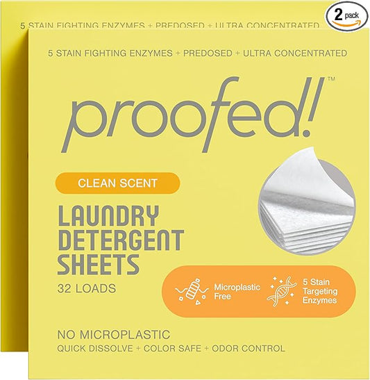 Proofed! Laundry Detergent Sheets, 64 Count, Clean Scent, The Only 100% Plastic-Free Sheet, No PVA or PVOH, Hypoallergenic, Bio-Based Ingredients, Made in USA, 2 Boxes