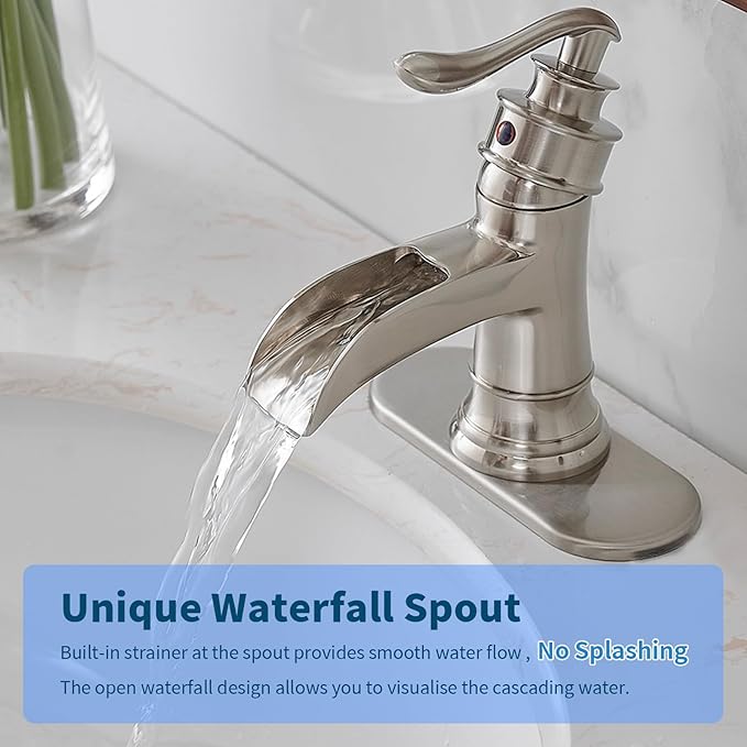 BWE Bathroom Faucet Brushed Nickel Waterfall Single Hole Matching Pop Up Drain Stopper Handle Sink Faucets Bath Vanity Lavatory Vessel Commercial Satin with Water Supply Hose