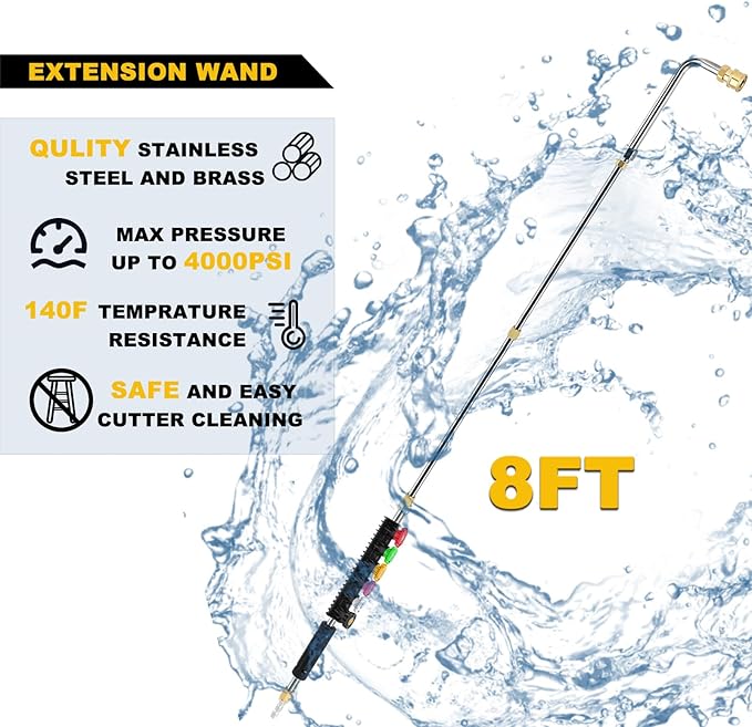 Pressure Washer Extension Wand, 8FT Gutter Cleaning Tools Attachment, Power Washer Lance with 6 Spray Nozzle Tips, 1/4" Quick Connect, 4000 PSI