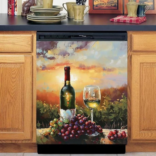 Generic Glasses of Red Wine With Grapes Dishwasher Face Cover Magnetic, Decorative Farmhouse Fruit Stickers, Fridge Door Cover, 23Wx26H