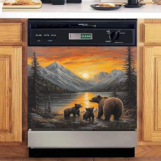 Lake Sunset Reflection Brown Bear Dishwasher Magnet Cover, Creative Kitchen Appliances Panel Decorate Refrigerator Front Door Magnets Decals 23" W x 17" H