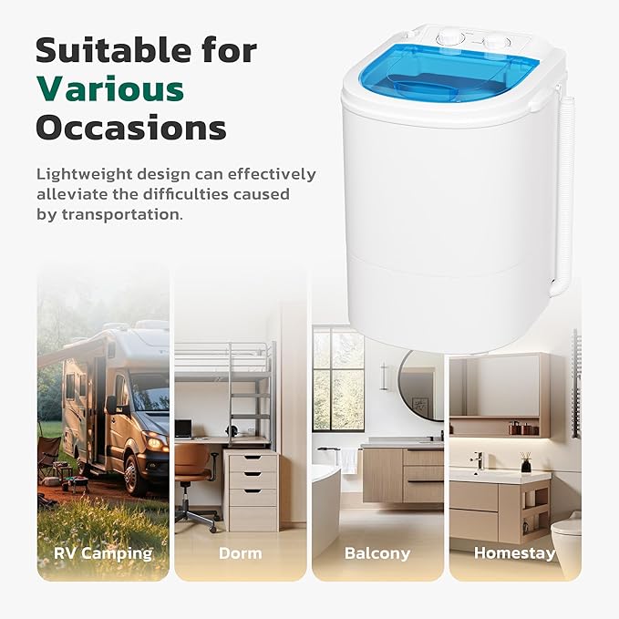 Greenvelly Portable Washing Machine, Single Tub Small Laundry Washer with Spin Basket, 6.6lbs Portable Washer Dryer Combo for Apartments,Dorms (White Blue)