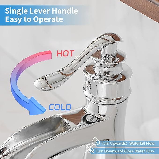 BWE Chrome Bathroom Faucet Waterfall Sink Vanity Single Hole Faucets Restroom Bath One Handle Basin centerset with Pop Up Drain Stopper Mixer Tap Overflow Supply Line