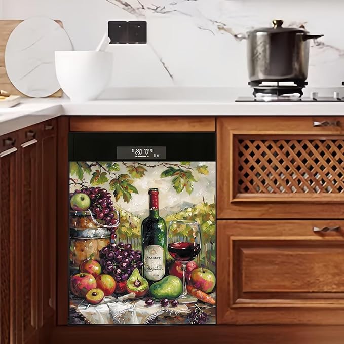 Generic Wine Decor Dishwasher Magnet Cover Kitchen Decor,Wine Bottle Country Grape Apples Fruits Painting Home Appliance Bar Decor Fridge Sticker,Refrigerator Magnetic Panel Decal 23x26