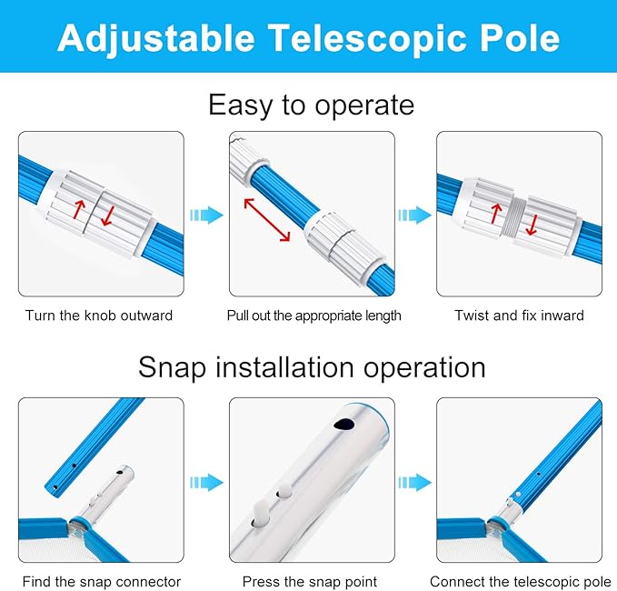 BLIKA 16FT Blue Aluminum Telescopic Swimming Pool Pole, 1.30mm Thickness, Pool Pole Telescopic, Professional Pool Poles for Skimmer Net,Brush,Vacuum Head