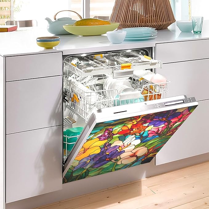 Dishwasher Cover Magnet Stained Glass Floral Print, Dish Washer Cover for Kitchen Decor, Easily Trimmable Dishwasher Sticker Refrigerator Magnetic Cover 23×26 in