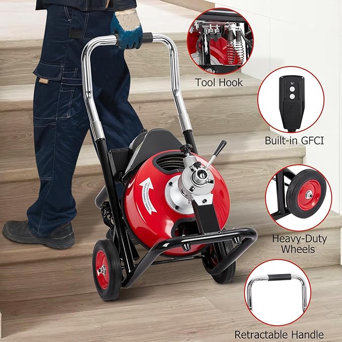 Electric Drain Cleaner - Efficiently Clears Clogs With Power - 75FT x 1/2 Inch Cable, 4 Interchangeable Cutters, Foot Switch, Protective Gloves.