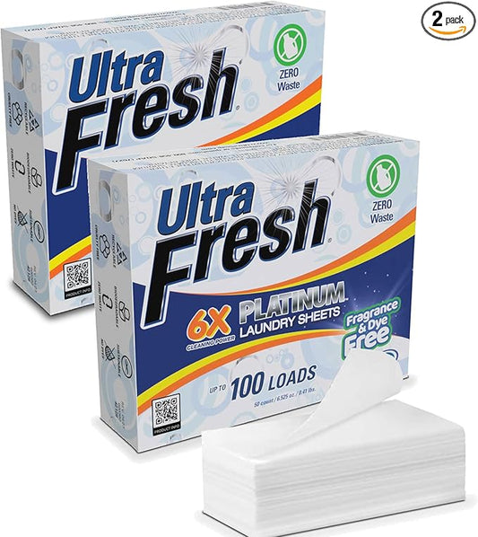 Ultra Fresh Platinum 2 Pack Laundry Soap Detergent Sheets, Ultra Concentrated, Stain Fighting, Fragrance & Dye Free, 200 Loads