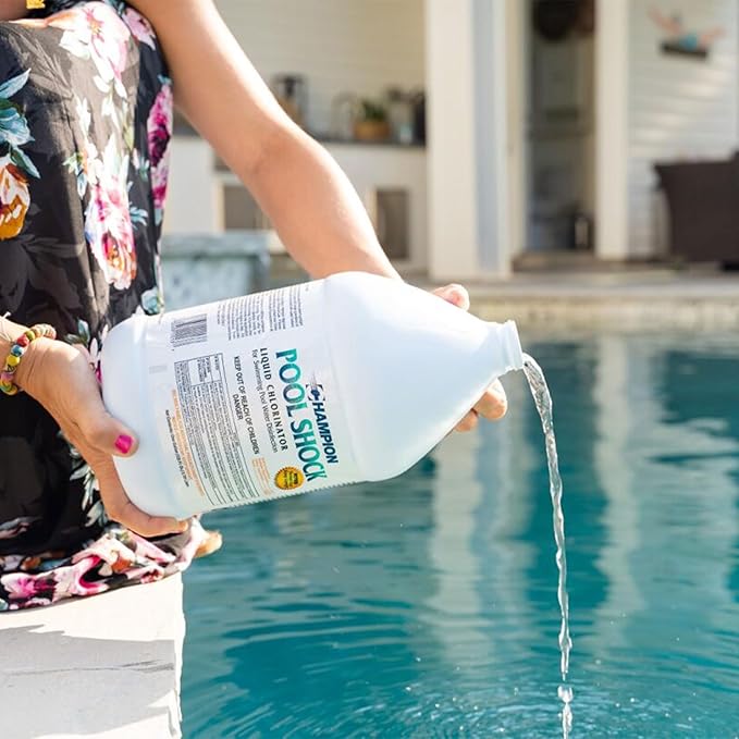 CPDI Champion 4-Pack Pool Shock, 12.5 Liquid Chlorinator for Swimming Pools, 1 Gallon Each - Fast-Acting Sodium Hypochlorite Sanitizer, Ready to Use, Non-Staining, Non-Scaling, Commercial Grade