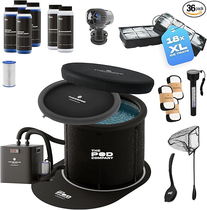 The Pod Company Pro Ice Pod Ultimate Cold Plunge Bundle – 100-Gallon Ice Bath with Standard Water Chiller, 18 Ice Bricks, Insulation Set, Water Jet, Maintenance & Cleaning Kits