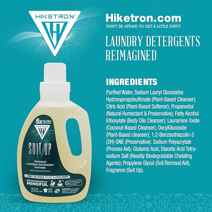 Hiketron Suit Up Liquid Laundry Detergent, 5x Ultra Concentrated, Tough Stains Remover, Long Lasting Masculine Scent (40 Fl Oz, Pack of 1)