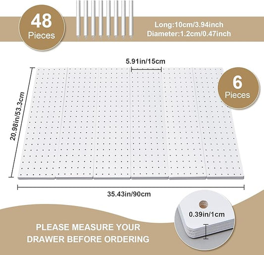 Kigley 6 Pcs Wood Pegboard Drawer Organizer with 48 Pegs Wood Peg Board System Peg Drawer Organizers for Kitchen Dishes Plate Pegboard Food Containers(20.98x5.91,White)
