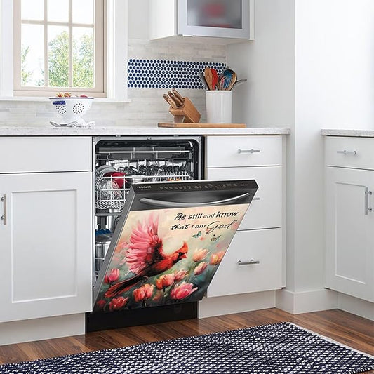 Generic Cardinal Dishwasher Magnet Cover, Tulips Spring Summer Flower Kitchen Decor Fridge Magnetic Sticker, Red Bird with Floral Home Appliances Cabinets Panel Decals,for All Seasons 23x26