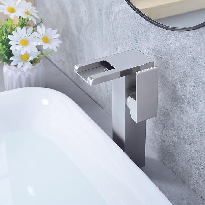 LED Waterfall Bathroom Sink Faucet, 3 Colors Changing Glass Spout Faucet with Water Supply Hose, Single Handle Single Hole Slanted Body Brass Mixer Vanity Sink Tap (Brushed Nickel)
