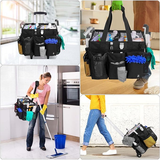 Extra large Rolling Cleaning caddy bag Built-in Hard Support Board,Cleaning Cart with Detachable Trolley, Housekeeping Cleaning caddy with Adjustable Shoulder Strap and Multiple Storage Pockets