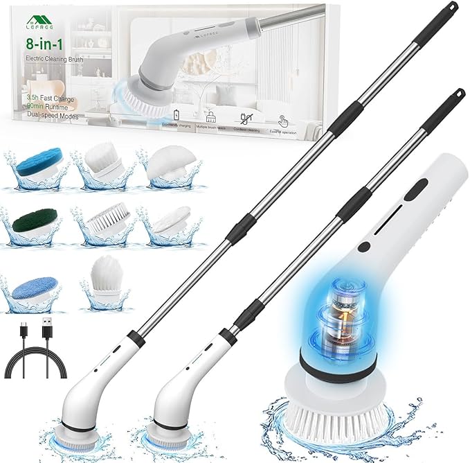 Lefree Electric Spin Scrubber, Cordless, 2 Speeds, Black, Plastic, w/ 8 Replaceable Brush Heads, for Cleaning Floors, Windows, Bathtubs, Grout, Tiles, Sink, Car