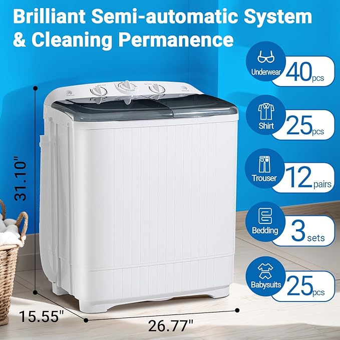 32 lbs Compact Mini Twin Tub Washing Machine with Drying Rack&10 Hangers, 20 lbs Washer Mini Compact Laundry Machine and 12 lbs Spinner, Convenient and Efficient for Dorms, Apartment