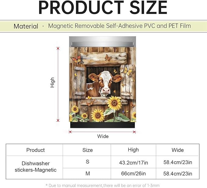 Farm Animals Cow Kitchen Magnet Dishwasher Skin Cover Panel, Country Sunflower Refrigerator Door Cover Sheet Magnetic, Butterfly Magnetic Dishwasher Sticker for Front, 23" W x 26" H Magnetic