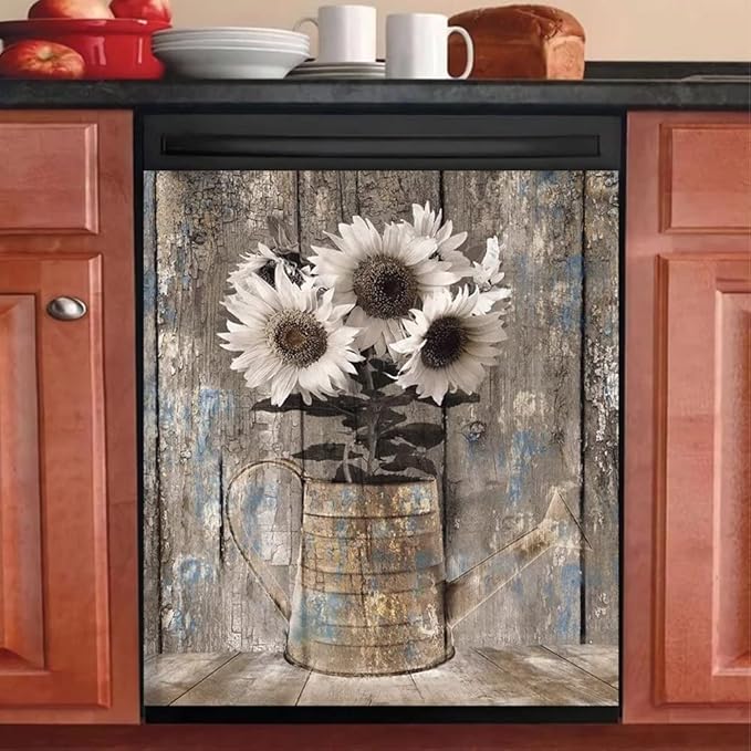 Vintage Wood Dishwasher Magnetic Cover for Door Front,Rustic Wooden Refrigerator Magnet Decor Sunflower Sticker,Country Wood Dishwasher Magnet Panel Decal for Fridge Home Appliance 23"x26"