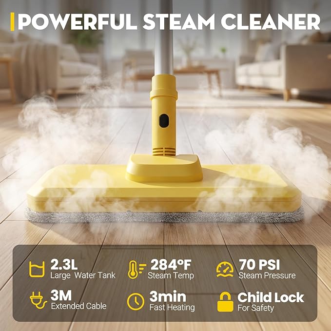 Steam Cleaner, Chemical-Free High-Pressure Commercial Steamer Cleaner with Unlimited Steam Injection, Fast Heat-Up, 2.2L Capacity, 14 Accessories for Floors, Grout, Upholstery (yellow)