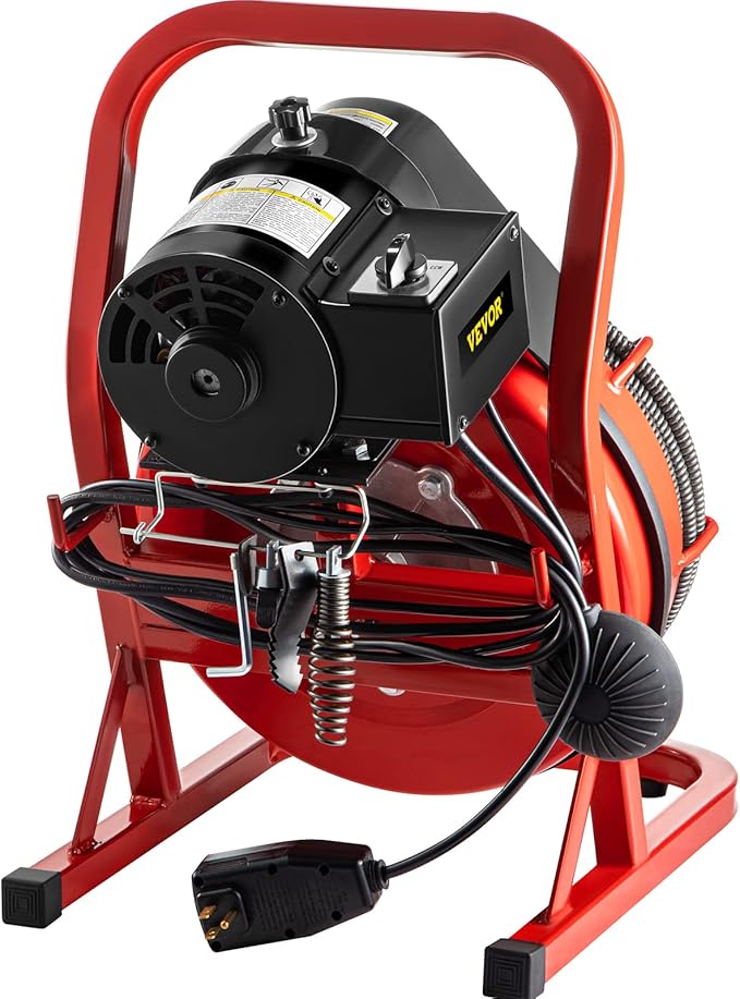 VEVOR Drain Cleaner Machine, 75 Ft x 3/8 Inch, Drain Cleaning Machine Fits 1 to 4 Inch Pipes, Portable Drain Auger Cleaner with 4 Auger Bits, Electric Drain Auger Plumbing Tool
