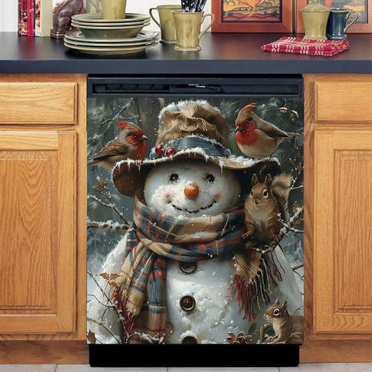 Generic Snowman Dishwasher Magnet Face Cover, Magnetic Dishwasher Decorative Winter Christmas Stickers,Birds and Squirrels Magnetic Dishwasher Decals,Fridge Door Cover,23Wx26H