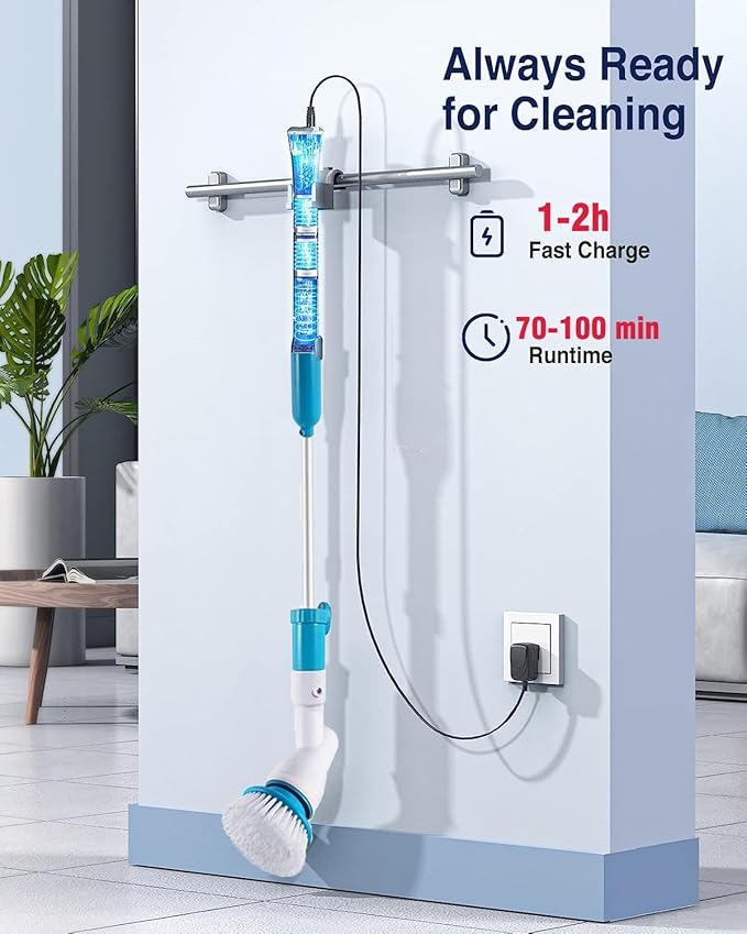 Electric Spin Scrubber,Cordless Power Tub and Tile Scrubber,3 Replaceable Plastic Cleaner Scrubber Brush Head,45-Inch Extension Arm Ideal for Tub,Tile,Floor,Toilet,Grout,Baseboard Cleaning Tool
