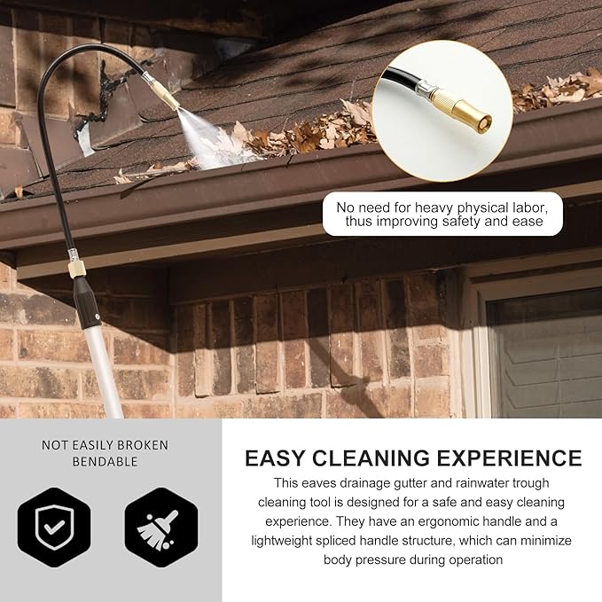 Gutter Cleaning Tool, 64.9" Gutter Cleaner Tools from the Ground, Bendable Roofing Gutter Tool with 4 Splice Rod, Easy to Fit Disassemble Long Reach Gutter Cleaning Wand Rain Gutter Cleaning Pole