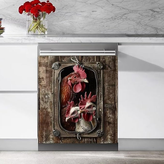 Appliance Art Wood Board and Rooster Wallpaper Dishwasher Cover, Magnetic Panel Decals, Home Appliances Cabinet Magnets Sticker, 23W x 26H inchs