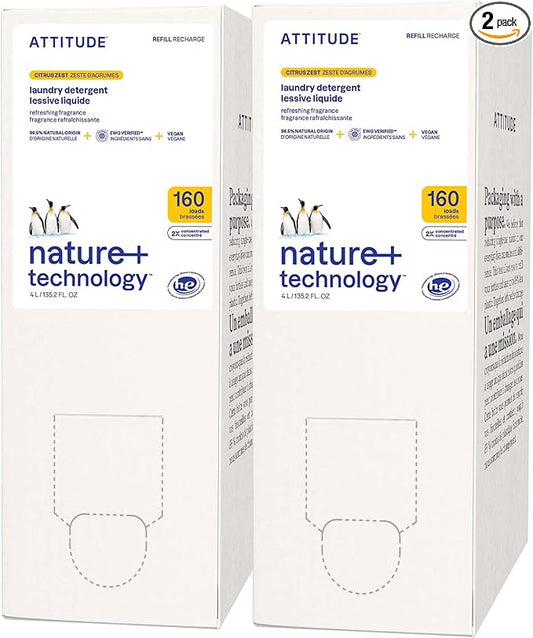 ATTITUDE Liquid Laundry Detergent Refill, EWG Verified, HE Compatible, Plant-Based & Vegan, Natural Laundry Soap, Citrus Zest Scent, 160 Loads, 135.26 Fl Oz (Pack of 2)