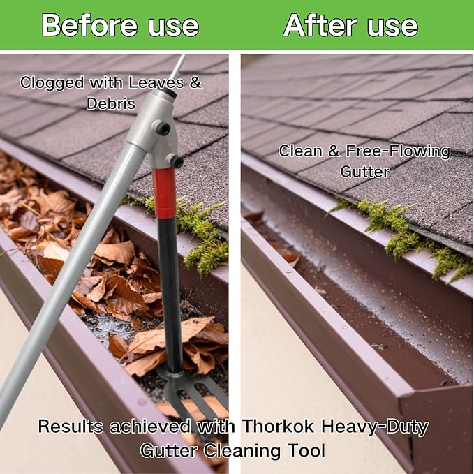 Heavy Duty Gutter Cleaning Tool, 10 Ft Leaf Gutter Cleaning Kit with Extension Pole Multifunctional Rake, Roof and Garden Debris Removal from Ground