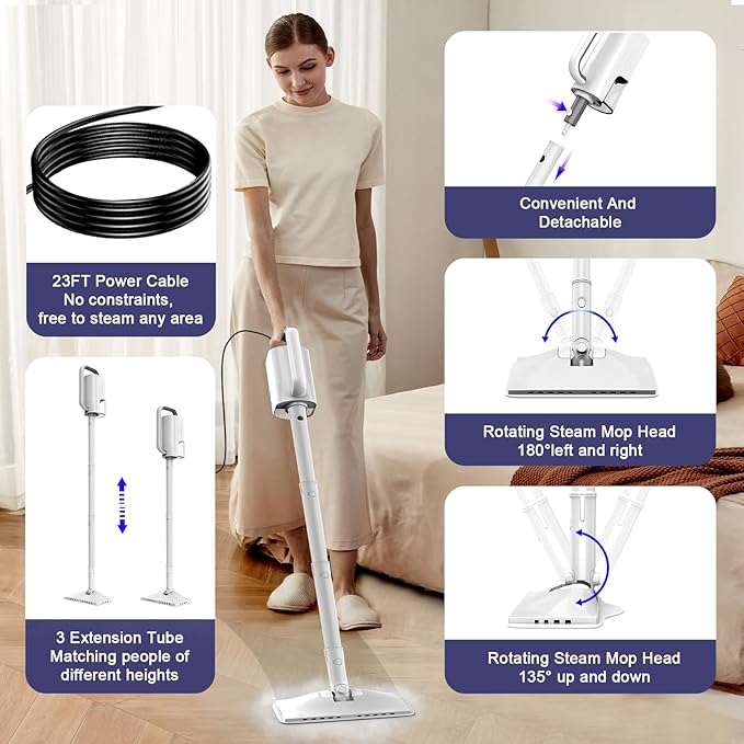 6-in-1 Steam Mop, 1200W Rotated Steam Cleaner for Home, 2 Modes, 400ML Removable Tank, 23FT Power Cord, 2 Pads, Multi-Surface Steamer for Hard Floor, Laminate Floor, Tiles Cleaning (Stone White)