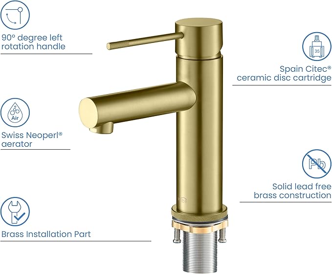 KIBI KBF1010 Solid Brass Single Handle Single Hole Circular X Faucet for Bathroom Sink | High Arc Faucet Spout | Brushed Gold | Corrosion and Rust Resistant