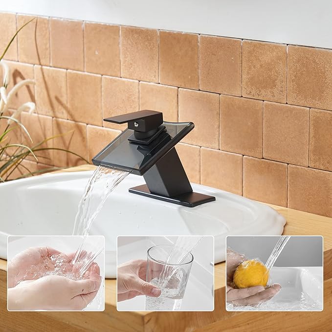 BWE Black Bathroom Faucet,Glass Waterfall Bathroom Faucet One Hole,Single Handle Modern Vanity Sink Faucets, Lavatory Basin Bath Mixer Tap Deck Mounted with Supply Lines