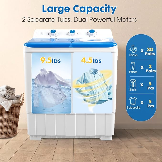 Portable Washing Machine Twin Tub - 14lbs Compact Washer (9,5lbs) and Spinner Dryer (4.5lbs) Combo with Drain Pump - Semi Automatic Washing Machine for Apartments, Dorms, RVs, Camping - Blue
