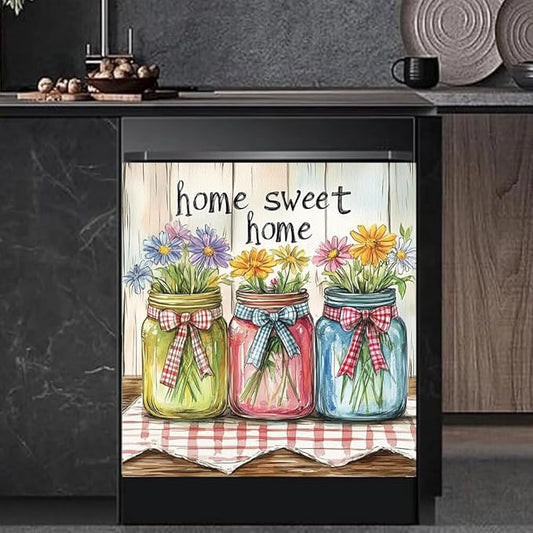 Home Sweet Home Kitchen Decor Dishwasher Magnet Cover Decal, Mason Jar Floral Farm Style Magnetic Dish Washer Panel Door Vinyl Sticker, Refrigerator Magnets,Easy to Clean, 23 x 26 inch