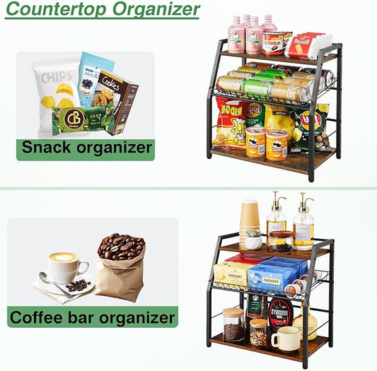 Kitchen Countertop Organizer, Snack Organizer Candy Display Stand Coffee Station Organizer, 3 Tier Wooden Counter Storage for Soda Cans Condiment Tea, for Pantry Office Bathroom, White (Black)