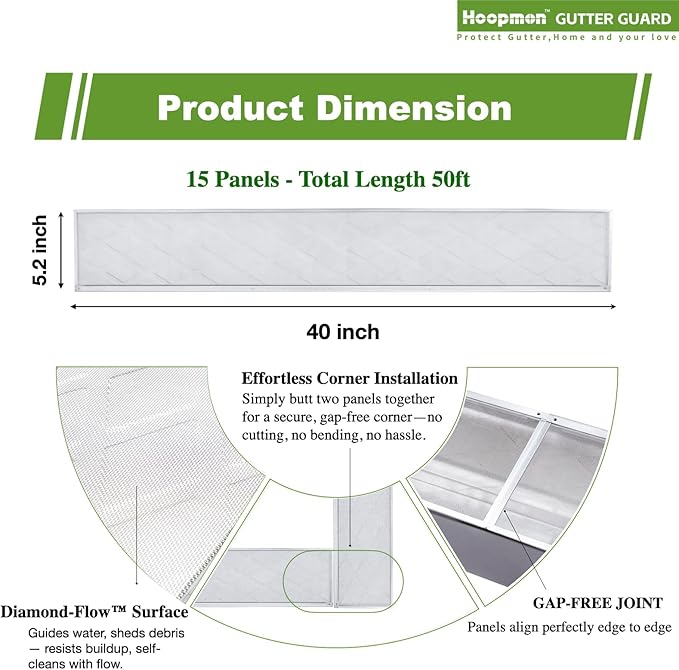 Gutter Guard – 100% Stainless-Steel Micro-Mesh Design, Pine Needle & Small Debris Protection, Fits 5 in K‑Style & Half‑Round Gutters, DIY Screws Included (50ft, 15pcs, 5in x 40in)
