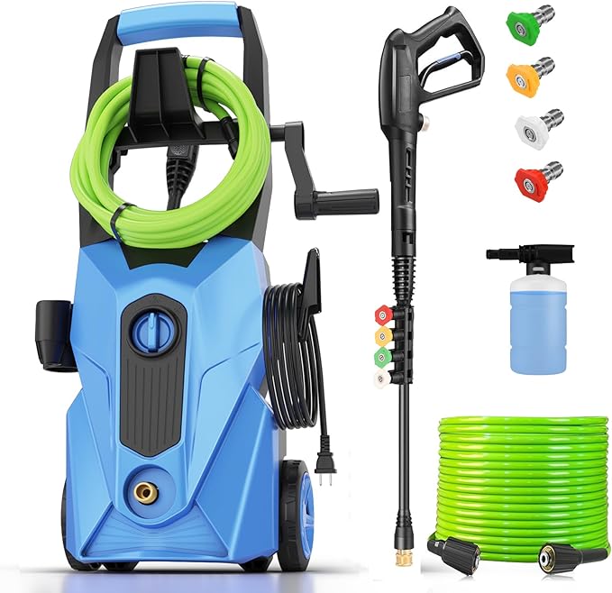 commowner𝐏𝐨𝐰𝐞𝐫 𝐖𝐚𝐬𝐡𝐞𝐫 𝟓𝟎𝟎𝟎𝐏𝐒𝐈 Portable with 33FT Pipe, 4 Nozzle Set for Home/Cars/Fences/Windows, Light Blue