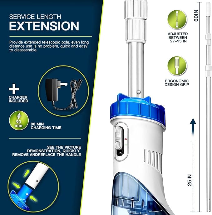 Cordless Handheld Pool Vacuum with Telescopic Pole, Rechargeable Hot Tub SPA Vacuum, 18GPM Powerful Suction, 60Min Runtime, Pools up to 88", Portable Pool Cleaner for Above Ground/Inground Pools