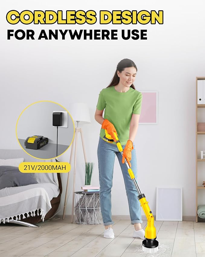 Electric Spin Scrubber with 3+ Hour Long Lasting Battery, 1000W/1200RPM High Power Cordless Clean Brush with 50IN Adjustable Long Handle, 4 Replacement Head for Bath/Tub/Tile/Floor