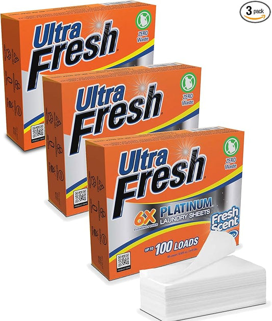 Ultra Fresh Platinum 3 Pack Laundry Soap Detergent Sheets, Ultra Concentrated, Stain Fighting, Fresh Scent, 300 Loads
