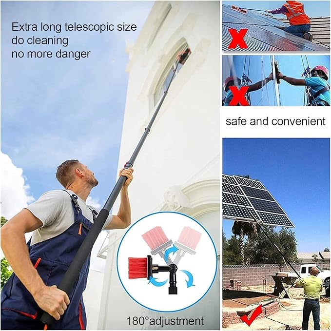 12m Conservatory Roof Cleaning Kit - Window Cleaning Equipment with 20m Hose Solar Panel Cleaning Brush Easy Connection Sturdy Water-Fed Design for Effortless Cleaning.