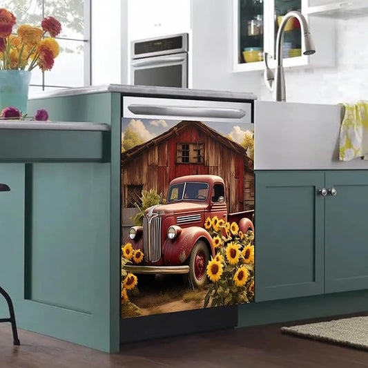 Farm Red Truck Dishwasher Magnet Cover Country Refrigerator Sticker for Kitchen Decor, Farmhouse Sunflower Magnetic Dishwasher Cover Panel, Reusable and Removable (23" W x 26" H Magnetic)
