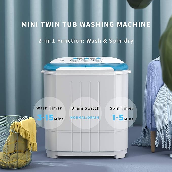 Auertech Portable Washing Machine, 14 Lbs Mini Washer and Spin Dryer Combo, 9 lbs Washer, 5 lbs Spinner, Compact Laundry Machine with Drain Hose, Small Washing Machine for Apartments, Dorm, RV