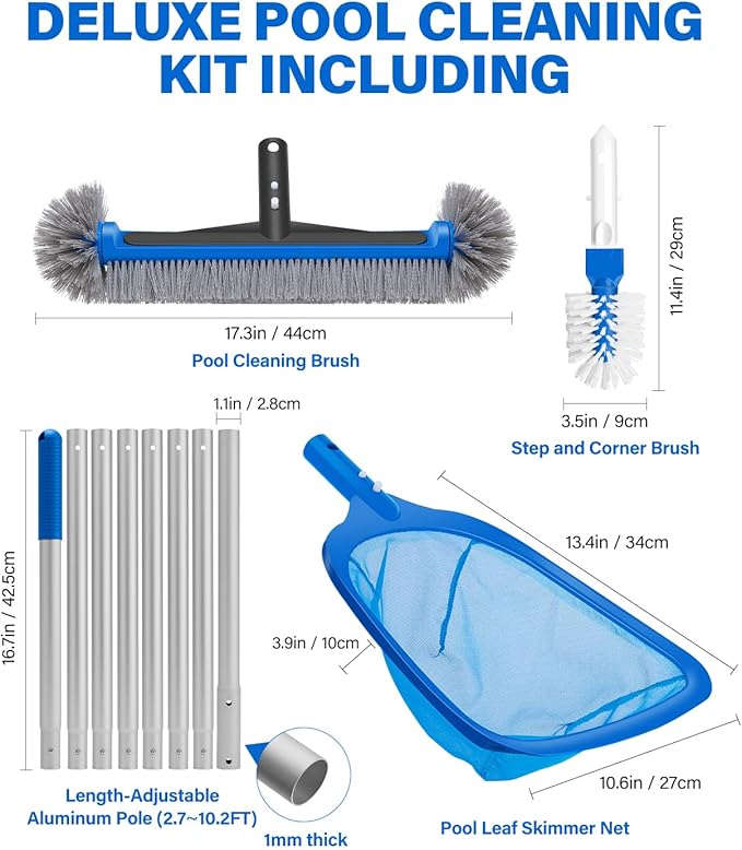 4-in-1 Deluxe Pool Cleaning kit, Pool Cleaning Tools with 10Ft Adjustable Pole, 13.4'' Fine Mesh Skimmer Net, 17.3'' Swimming Pool Brush & Extra Brush Head for Cleaning Inground & Above Ground Pools